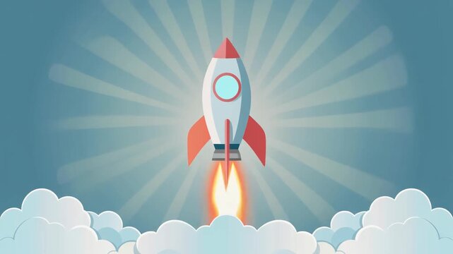 Retro Rocket Launching into Blue Sky with Fire Trail Space Startup Concept