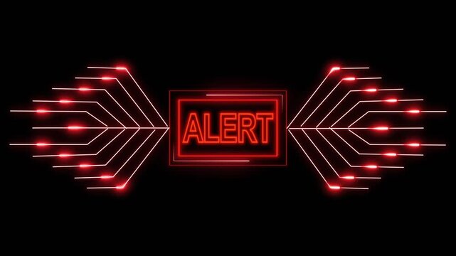 Red neon alert sign with circuit board design on black background, digital warning interface with glowing emergency typography, futuristic technology animation.