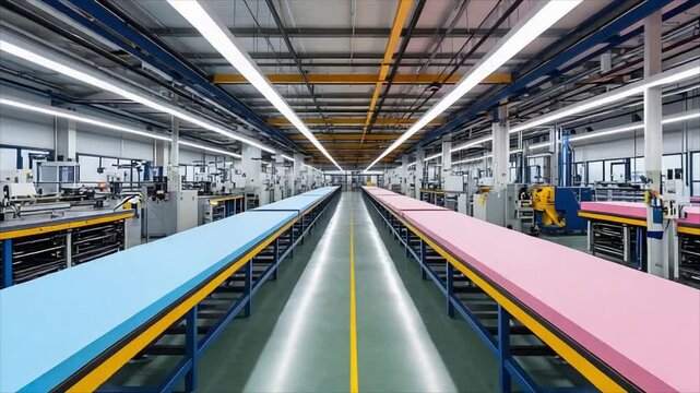 Large industrial production facility with long assembly tables. Manufacturing plant interior with rows of blue and pink material. Automated factory floor concept.