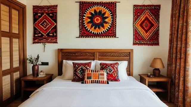 Bedroom with ethnic decor featuring a wooden bed and wall hangings. Interior design of a cozy room with textile art and patterns. Concept of rustic home style.