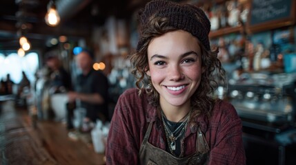 Obraz premium A delightful woman behind a bar at a coffee shop, radiating warmth and friendliness, creating an inviting atmosphere perfect for patrons looking for comfort and connection.