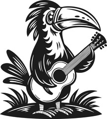 Naklejka premium toucan playing guitar standing on grass, tropical bird with large beak, musical instrument and nature
