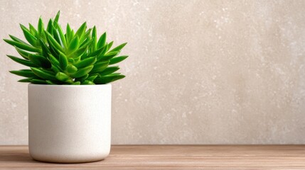 Fototapeta premium A striking green succulent nestled in a minimalist pot, showcasing the beauty of nature contrasted with modern design, bringing life and freshness to any space.