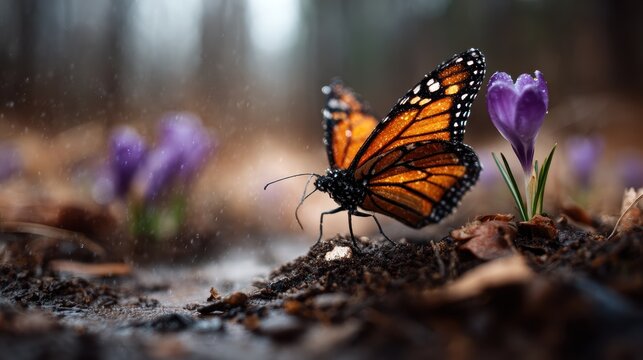 A colorful monarch butterfly delicately lands on freshly blossomed crocus flowers, beautifully capturing the essence of spring and the joy of nature's renewal.