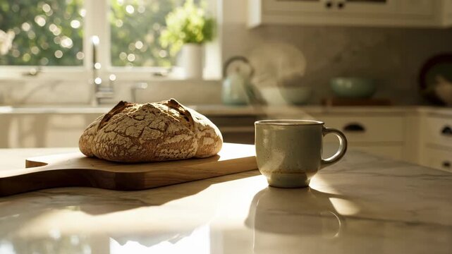 Loaf of bread on a wooden cutting board with a cup of coffee on a kitchen counter