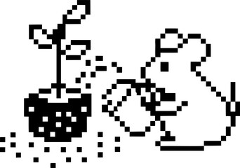 Fototapeta premium Pixel art mouse watering a small plant in a pot, gardening concept with digital 8 bit