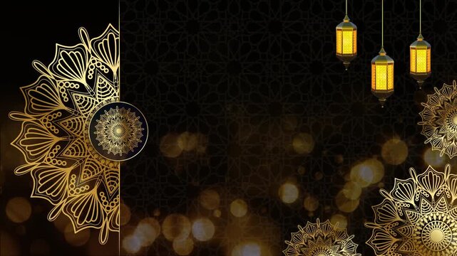 A luxurious black and gold Islamic background with Arabic mandala patterns for Ramadan Kareem and Eid Mubarak. Suitable for social media posts. The background has empty space for text.