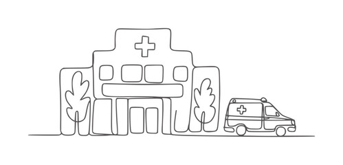 Minimalist line of a hospital building with an ambulance medical vehicle © Mahin