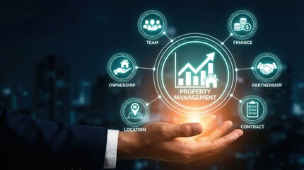 Fototapeta premium Property management concept with a hand holding a glowing circle containing a house graph and connected icons representing team finance partnership and more real estate
