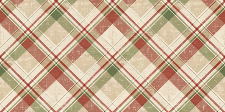 Classic plaid pattern with red, green, and white diagonal stripes on a light background Vector