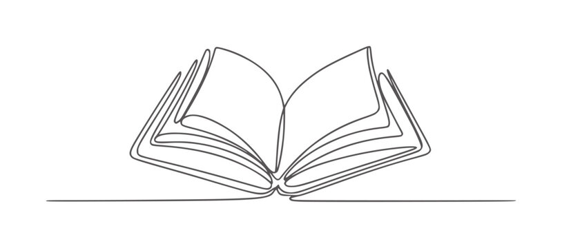 Open book drawn with single continuous dark gray line white reading knowledge education