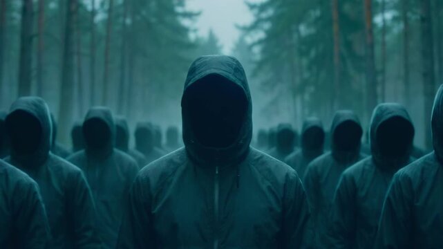 Creepy crowd of anonymous hooded figures standing silently in a dark misty forest. Mysterious faceless people wearing identical raincoats in the woods. Dystopian horror concept
