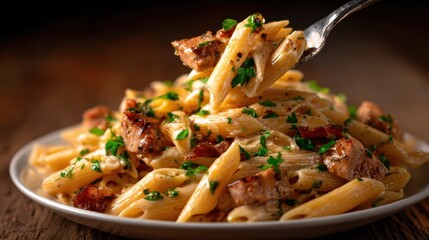 A delectable plate of creamy pasta garnished with herbs and meat, presented in a rustic setting, embodying culinary delight for food lovers and gourmet enthusiasts alike.