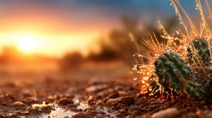 A close-up view of a cactus glistening with dew against a breathtaking sunset, evoking feelings of tranquility and the beauty found in desert landscapes.