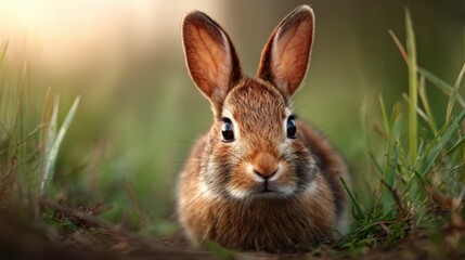 Fototapeta premium A charming rabbit sits alert amidst lush green grass, its attentive gaze bringing out the essence of nature's beauty in a tranquil setting, evoking feelings of innocence and wonder.