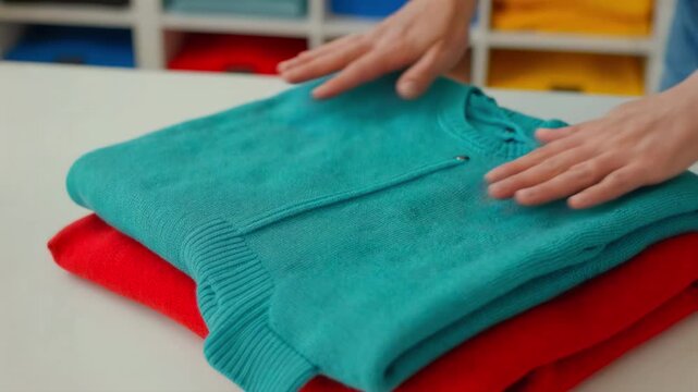 Close-up of female hands folding a turquoise knitted sweater over a red one. Retail store worker organizing clothes on a white table. Wardrobe management and neat laundry folding