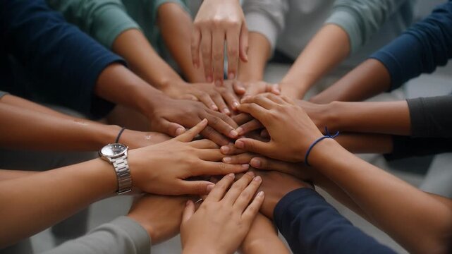 Diverse group of people stacking hands in a symbol of unity and teamwork