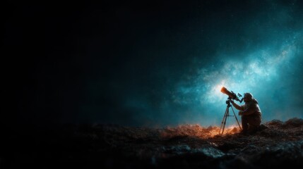 Obraz premium A passionate stargazer uses a telescope to explore the universe's beauty, framed by a serene atmospheric backdrop highlighting profound cosmic wonders of space.