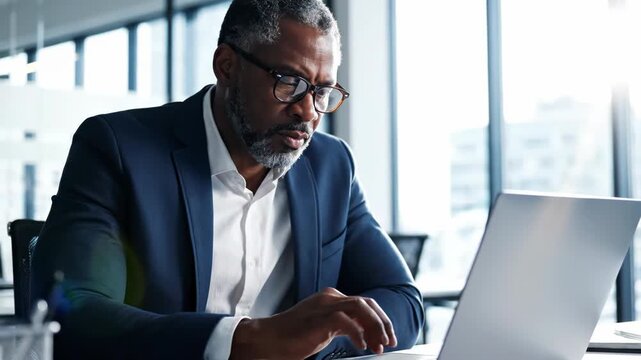 A middleaged african american man in a blue suit sitting at a desk with a laptop looking thoughtful in a modern office