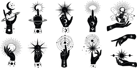 Celestial Mystic Hands Illustration Set with Moon Sun Saturn and Stars in Aesthetic Witchy Magic Occult Bohemian Black Vector Line Art © ΠISH4N I5L4M