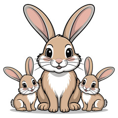 Fototapeta premium Mother rabbit sitting with two small baby bunnies, family portrait, cute and fluffy Easter bunnies, adorable pets.
