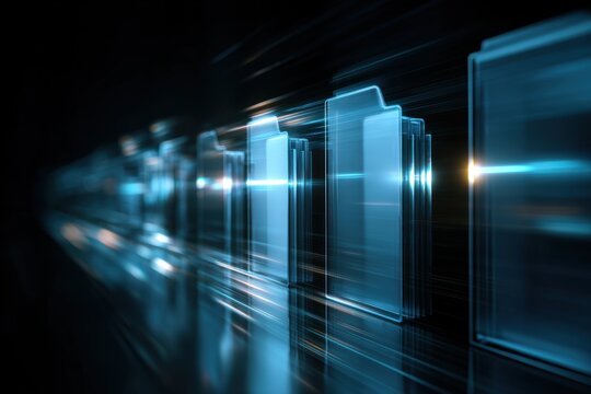 Abstract Data Storage: Digital data storage, depicted through a luminous array of holographic files, radiating with a futuristic glow and reflecting the essence of technological advancement.