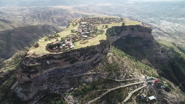 Aerial Trucking Shot of Debre Damo Monastery and Plateau, Tigray, Ethiopia