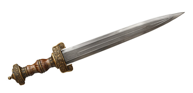Ancient Roman gladius sword with bone hilt isolated on white background for history and battle concepts