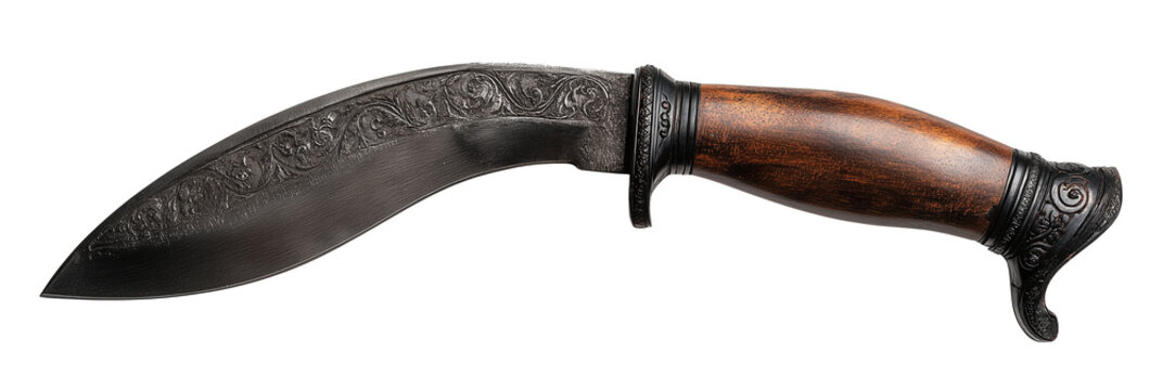 Traditional Nepalese kukri knife with curved blade isolated on white background for survival and military themes