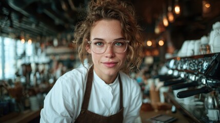 Obraz premium A barista in a cozy coffee shop smiles warmly, embodying the spirit of hospitality and the joy of crafting quality beverages in a warm, inviting environment for customers.