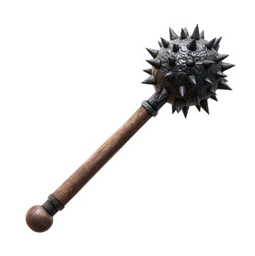 Medieval morning star mace weapon with iron spikes isolated on white background for historical game design