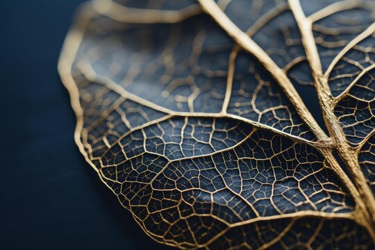 Delicate gold leaf skeleton revealing nature's complex, elegant structure on a dark background