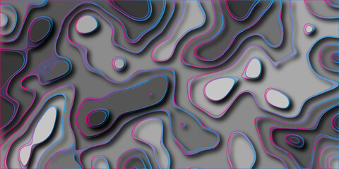 Obraz premium Abstract topographic map style background with smooth contour lines in shades of gray and vibrant neon pink and blue outlines, creating a futuristic and modern design element