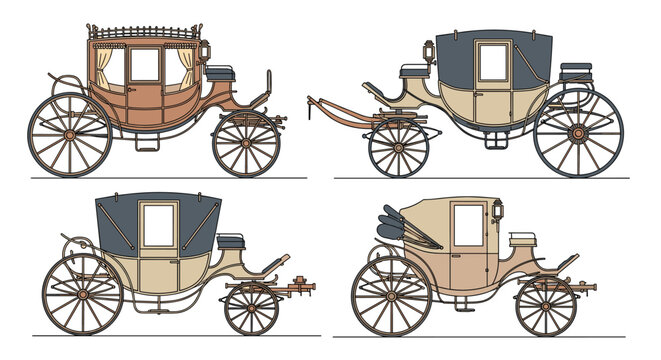 Detailed drawings of vintage horse-drawn carriages and stagecoaches showcase different historical transport styles.