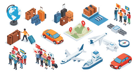 Obraz premium Isometric travel icons including luggage, planes, and ships represent global tourism and international journey.