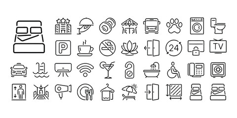 Hotel and hospitality line icons set for accommodation services and travel amenities