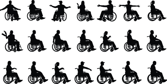 People in Wheelchair Silhouette Set, Disabled Men and Women Sitting and Gesturing Poses, Accessibility Icons Isolated on White Background Vector,
