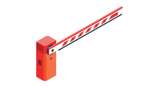 Isometric red automatic barrier gate arm raised, blocking passage for vehicles on a white background.