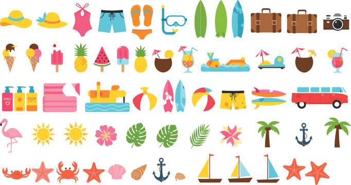 Summer Vacation Icon Set Featuring Beach Items, Surfboards, Ice Cream, Tropical Drinks, Palm Trees, and Sea Life Elements