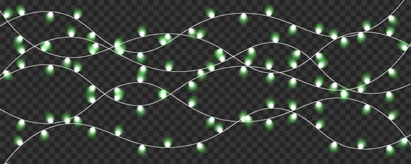 Illuminated string lights with glowing white and green bulbs cascade across a transparent dark background high-quality © Kamal Hosen