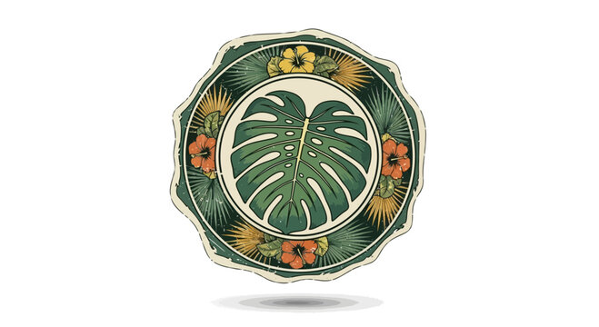 Tropical Monstera Leaf Emblem with Floral Accents