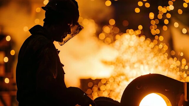 Silhouette of a metalworker grinding steel in a foundry