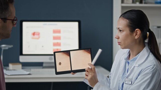 Side view shot of Caucasian female dermatologist consulting patient in modern clinic office, showing closeup skin mole image on tablet with computer monitor in background