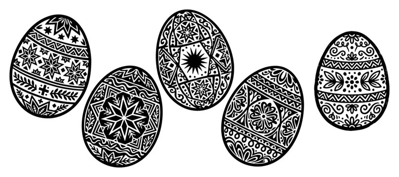 Easter egg collection with traditional geometric folk patterns and ornamental designs in line art style