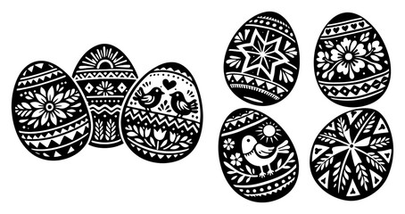 Fototapeta premium Group of decorated easter eggs with floral folk patterns black and white line art