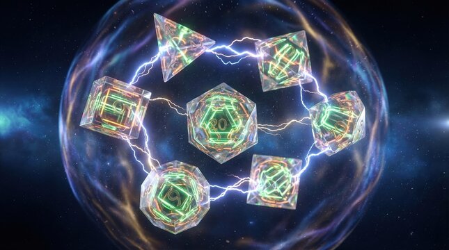 Quantum dice suspended electromagnetic field with plasma trails, crystalline neon green orange circuitry, energy arcs, particle effects, ionized glow, macro close-up, anti-gravity
