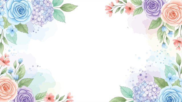 A delicate watercolor floral border featuring a pastel palette of blue, purple, pink, and peach roses, hydrangeas, and small blossoms, creating an airy and romantic frame for text or design.