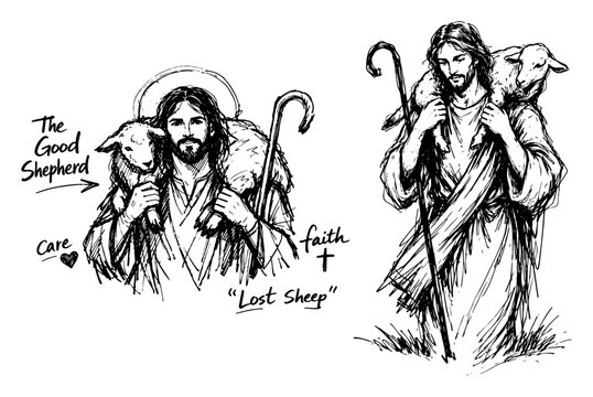 Good Shepherd Jesus Christ with lost sheep and religious text labels in hand drawn graphic style