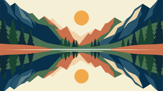 Minimalist mountain landscape illustration with geometric peaks sun and lake reflection in retro flat art style