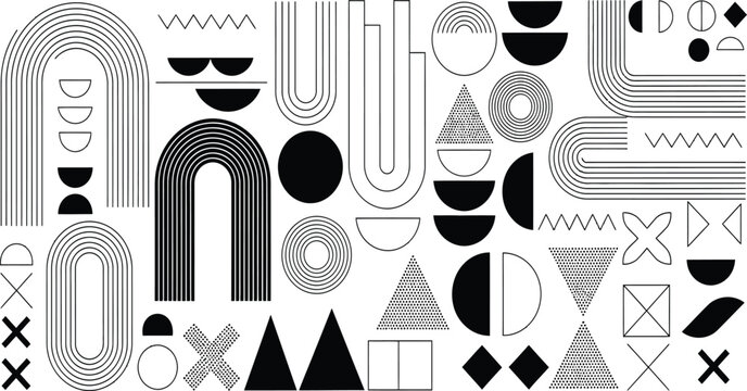 Abstract Geometric Shape Collection with Bauhaus Line Art Minimalist Black and White Mid Century Modern Aesthetic Graphic Design Elements for Patterns